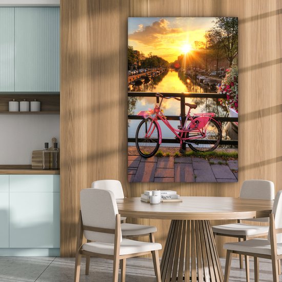 Peinture sur toile Amsterdam - Canal - Coucher de soleil - Fleurs - Vélo - 80x120 cm - Décoration murale