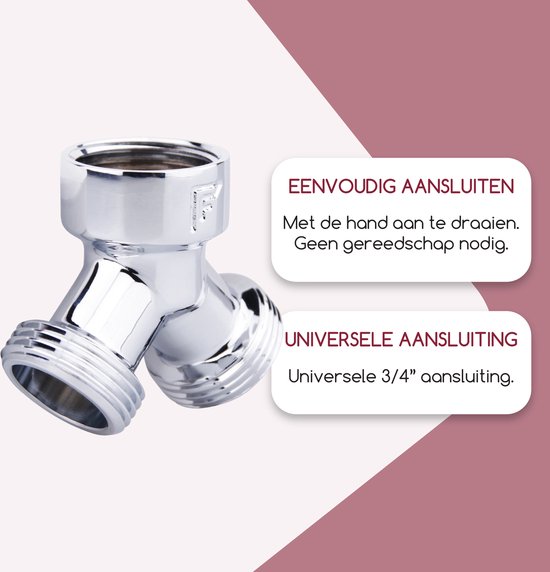 Verchroomd messing Y-stuk met twee 3/4" aansluitingen, met tekst over eenvoudige montage.