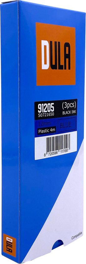 Een blauwe DULA verpakking met oranje logo. Tekst op doos: 91205, S0721650, (3pcs) BLACK INK, 12mm Plastic 4m, BLUE.
