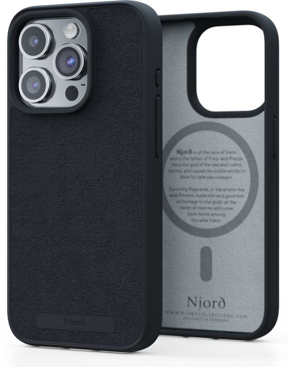 Njord Collections Suede Comfort+ Telefoonhoesje - Geschikt voor iPhone 15 Pro - Gereycled / Duurzaam materiaal - 2M valbescherming - Mag compatibel – Zwart