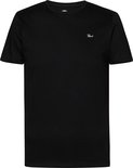 Zwarte katoenen T-shirt met ronde hals en korte mouwen, met klein wit logo op de linkerborst.