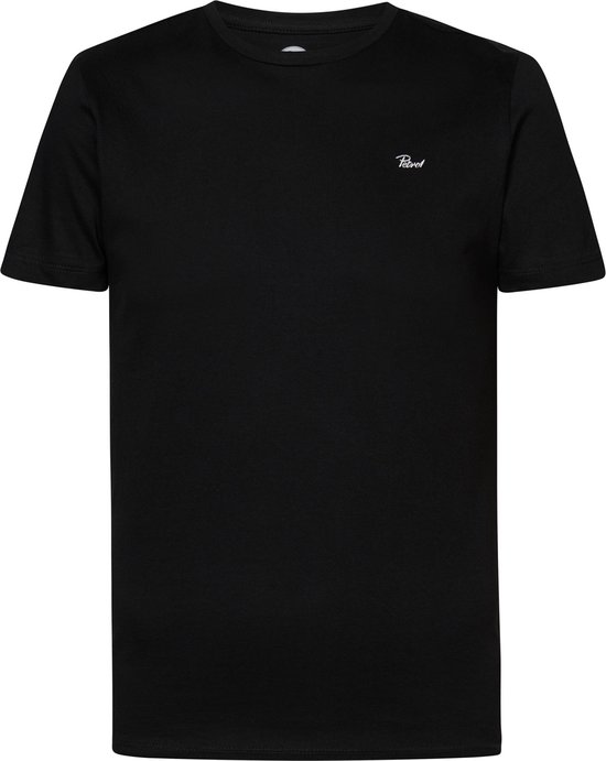 Zwarte katoenen T-shirt met ronde hals en korte mouwen, met klein wit logo op de linkerborst.