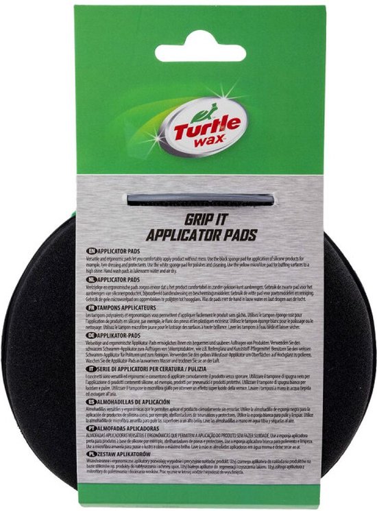 Verpakking Turtle Wax Grip It Applicator Pads met een zwarte poets- en waxpad.