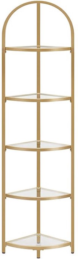 Rootz Corner Shelf - 5 Levels Corner Shelf - Corner Bookshelf - Metal Corner Shelf - Corner Storage Shelf - Glas/Metaal - Goud - 28 x 28 x 158 cm