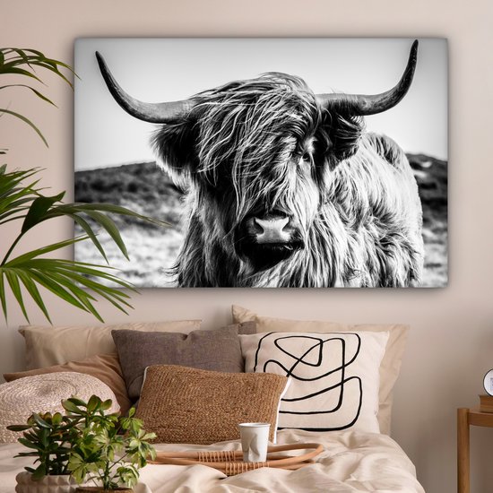 Canvas schilderij - Schotse hooglander zwart wit 120x80 - Kamer decoratie accessoires koe - Dieren schilderijen woonkamer - Wanddecoratie slaapkamer - Muurdecoratie keuken - Wanddoek interieur binnen - Woondecoratie huis - Woonaccessoires