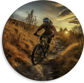 Dibond Muurcirkel - Mountainbikers door de Duinen tijdens Zonsondergang - 40x40 cm Foto op Aluminium Muurcirkel (met ophangsysteem)