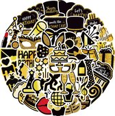 Happy Birthday Stickers in Zwart & Goud - 50 Verjaardag Feest Stickers voor Decoratie op Muur, Tafel, Laptop - 4x6CM