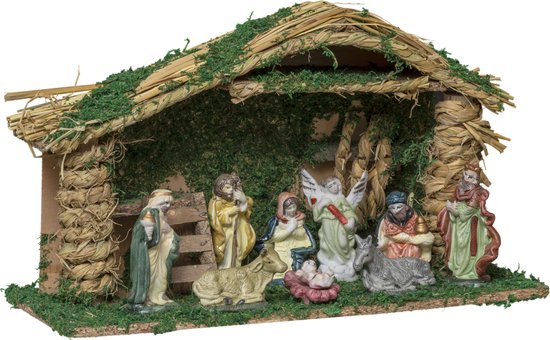 Kerststal met 9 kerstbeeldjes - Porselein - 38x14,5x22,5 cm