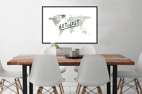 Wereldkaart de l'aquarelle grise avec la citation Get résolu dessus 90x60 cm