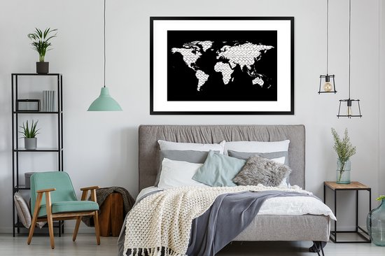Wereldkaart en noir et blanc avec motif zigzag 120x80 cm
