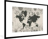 Fotolijst incl. Poster - Wereldkaart - Bloemen - Grijs - 120x80 cm - Posterlijst