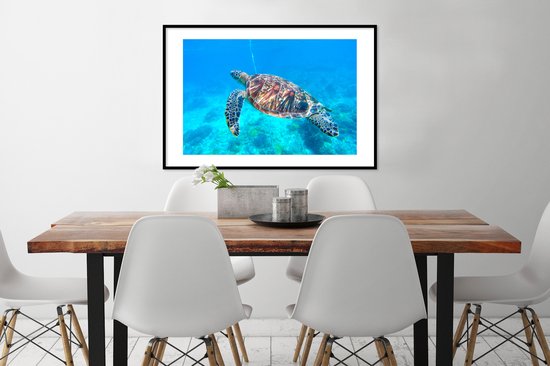 Affiche avec cadre Tortue - Mer - Blauw - 90x60 cm