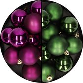 Decoris - kerstballen 24x st - mix donkergroen/paars - 6 cm - kunststof - kerstversiering