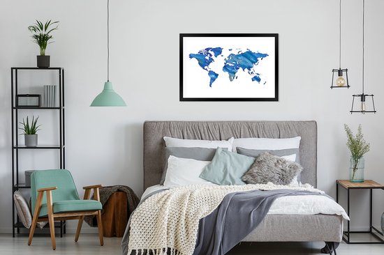 Carte du monde aquarelle bandes bleues sur fond blanc 90x60 cm
