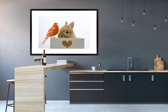 Photo encadrée - Bébé lapin avec un cadre photo oiseau rouge noir avec passe-partout blanc 80x120 120x80 cm - Affiche encadrée (Décoration murale salon / chambre)