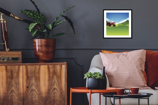 Photo en cadre - Une illustration d'un tracteur dans un cadre photo paysage vert noir avec passe-partout blanc 40x40 cm - Affiche sous cadre (Décoration murale salon / chambre)