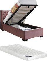 Bed met opbergruimte – 90 x 200 cm – Met gecapitonneerd hoofdbord – Fluweel – Roze – Met matras – MASSIMO L 214.5 cm x H 111 cm x D 107.5 cm