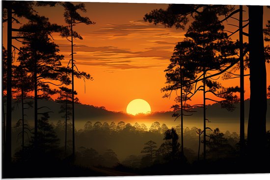 Dibond - Zakkende Zon bij Silhouetten van Hoge Bomen - 90x60 cm Foto op Aluminium (Met Ophangsysteem)