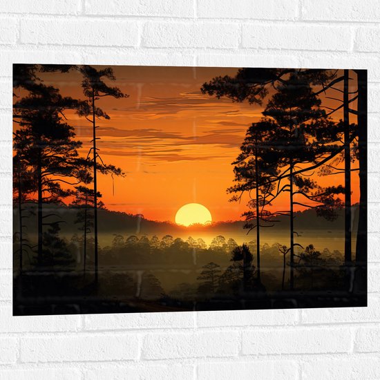 Muursticker - Zakkende Zon bij Silhouetten van Hoge Bomen - 80x60 cm Foto op Muursticker
