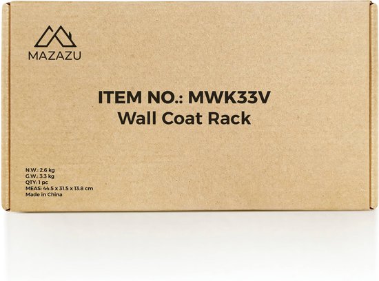 Bruine kartonnen doos met 'MAZAZU' logo, 'ITEM NO.: MWK33V Wall Coat Rack' en productafmetingen.