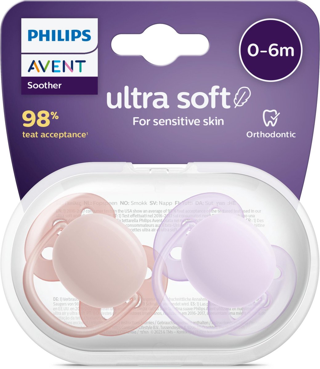 Goedkoopste Philips Avent Ultra Soft Fopspeen - 0 tot 6 Maanden - 2 Speentjes - Roze/Paars - SCF091/31