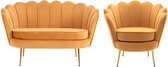 Set tweezitsbank en fauteuil van fluweel - Mosterdgeel - DANDELION L 124 cm x H 78 cm x D 75 cm