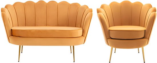 PASCAL MORABITO Set tweezitsbank en fauteuil van fluweel - Mosterdgeel - DANDELION L 124 cm x H 78 cm x D 75 cm