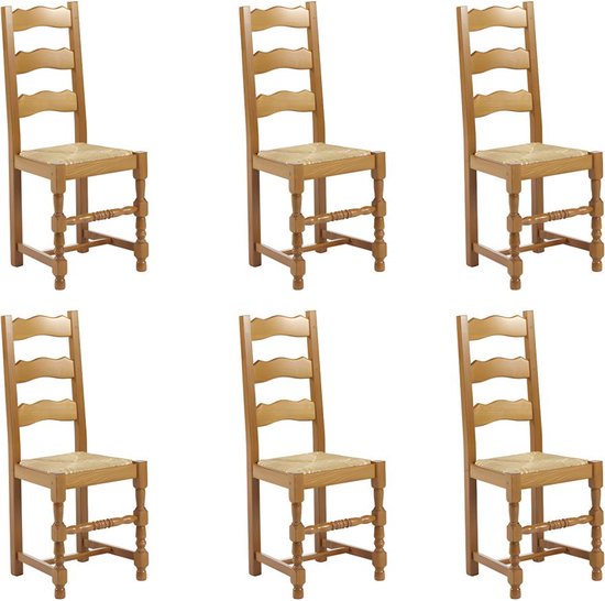 Set van 6 stoelen SEGUIN - Massief beuken en zitting van roggestro L 43 cm x H 102 cm x D 38 cm