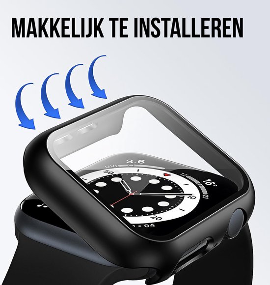 Hoesje voor Apple Watch Series 4 / 5 / 6 / SE / SE 2 / SE 3 - 44 mm Screenprotector - 2 Stuks - Full Cover Hard Case - Zwart