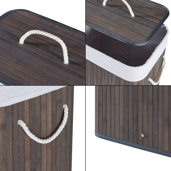 Panier à linge Salla bambou avec sac à linge 60x40x30 cm 72 L marron foncé et gris clair