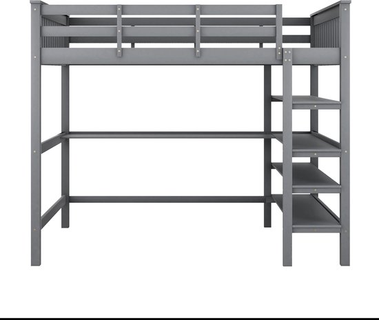 Grijze hoogslaper met bureau en opbergplanken.