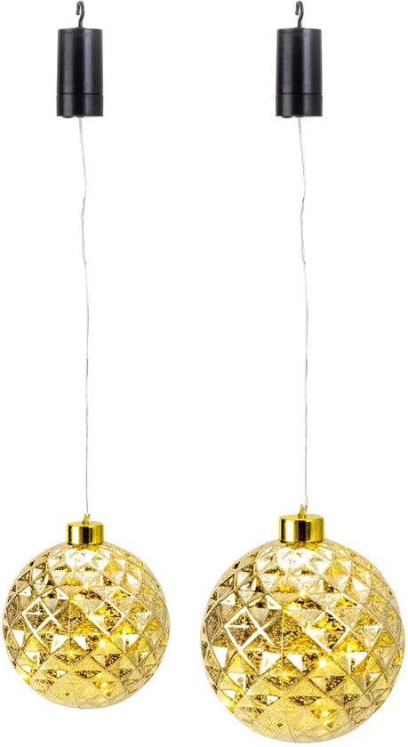 Verlichte kerstballen - 2x st - kunststof - goud - aan draad - D15 en D20 cm