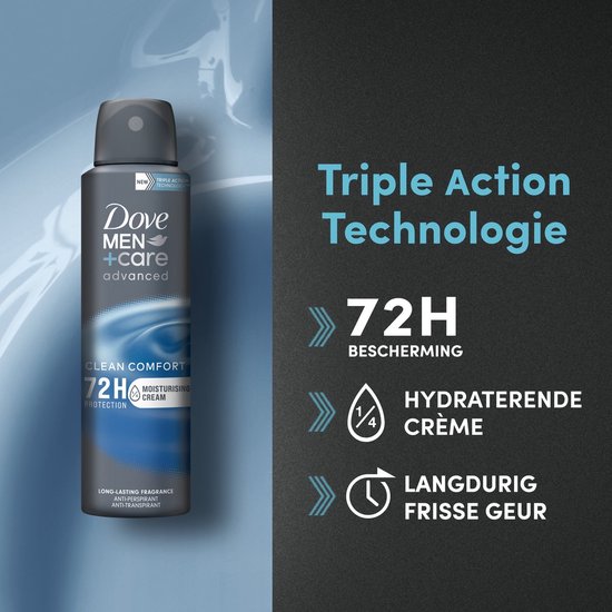 Dove Men+Care Advanced Clean Comfort deodorant met 72 uur bescherming en hydraterende crème.