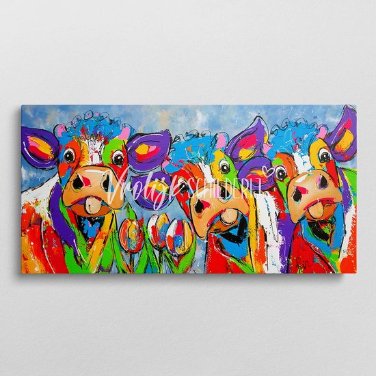 De 3 vrolijke koeien | Vrolijk Schilderij | 100x50cm | Dikte 2 cm | Canvas schilderijen woonkamer | Wanddecoratie | Schilderij op canvas | Kunst | Corrie Leushuis