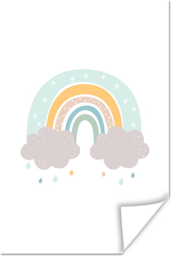 Poster voor kinderen - Kids wanddecoratie - Schilderij kinderen - Regenboog - Wolken - Regen - Kinderen - Pastel - 20x30 cm