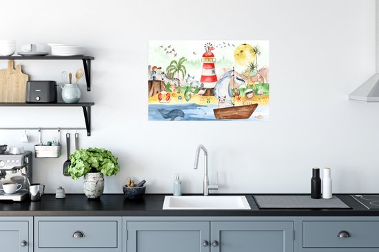 Poster kinderen - Wanddecoratie jongens - Strand - Dieren - Kinderen - Vuurtoren - Poster kinderkamer - 90x60 cm - Decoratie kinderkamers - Kinderkamer decoratie - Poster Babykamer — afbeelding 3