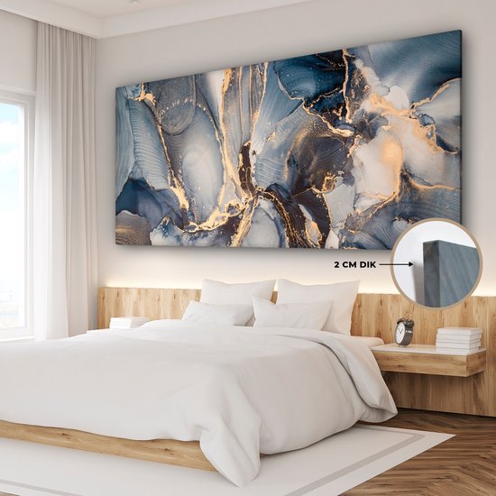 Tableau sur toile Marbre - Grijs - Blauw - Luxe - Or - 160x80 cm - Décoration murale