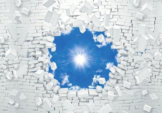 Fotobehang - Vlies Behang - De Zon en de Blauwe Lucht door Gebroken Muur 3D - 254 x 184 cm