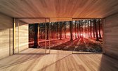 Fotobehang - Vlies Behang - Bos met Zonsondergang Terras Zicht 3D - 254 x 184 cm