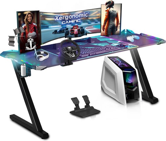 Xergonomic Aurora Gaming Desk - Bureau met carbonfiber look - LED-Verlichting - Incl. beker-, koptelefoonhouder en kabelorganizer - B160xH75xL62 cm - Zwart