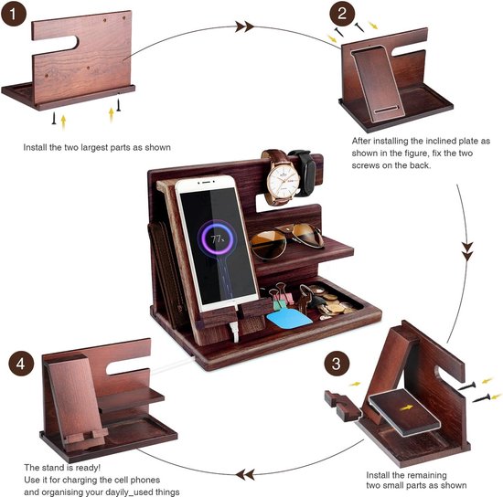Cadeaus voor mannen Houten Telefoon Docking Station Papa Geschenken Sleutel Portemonnee Telefoon Bril Horloge Stand Mens Nachtkastje Organizer voor Hem Geschenken voor Vader Vriendje Cadeaus voor Man