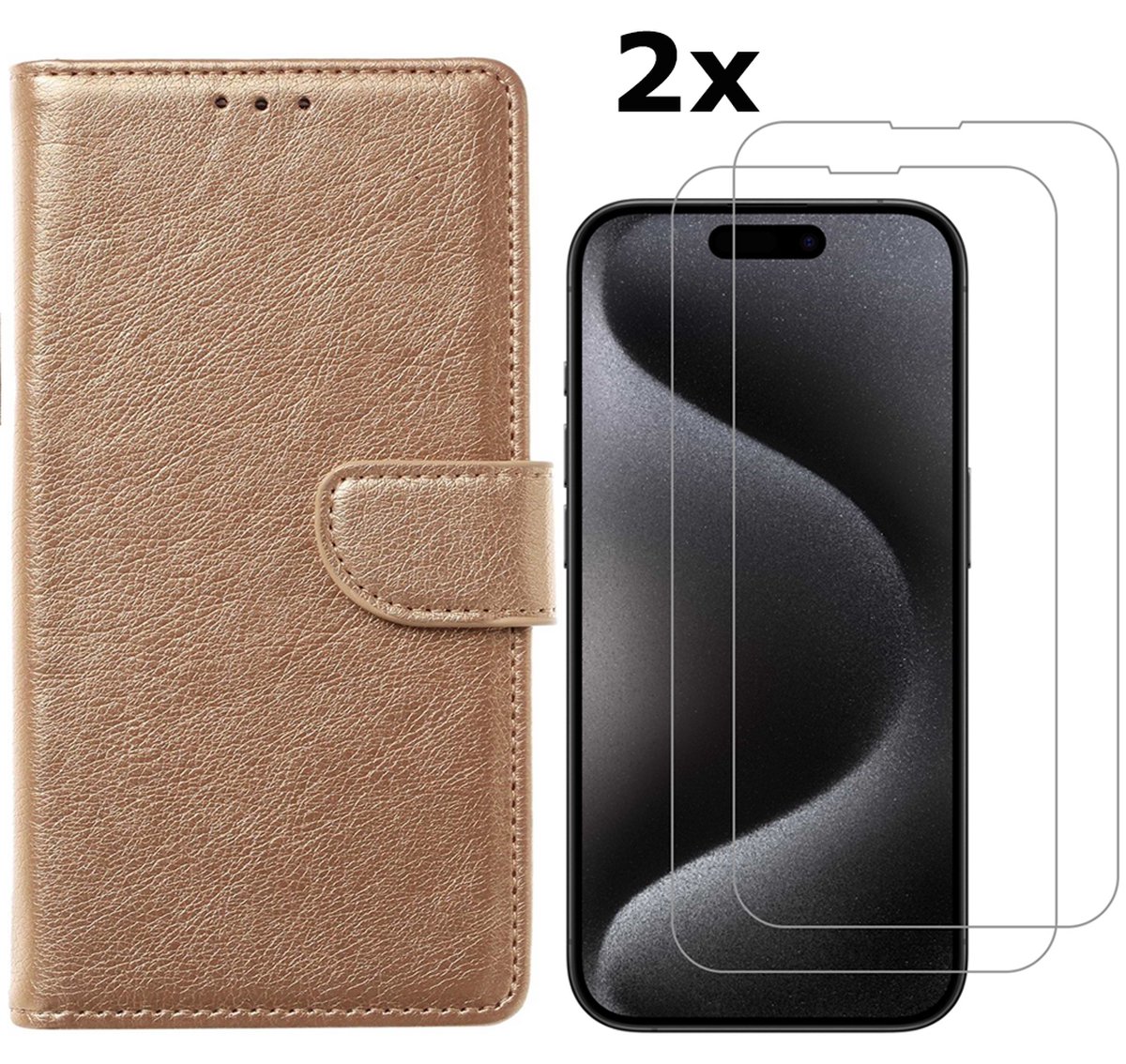 Hoesje Geschikt voor iPhone 15 Pro Max hoesje bookcase met 2x screenprotector – Goud