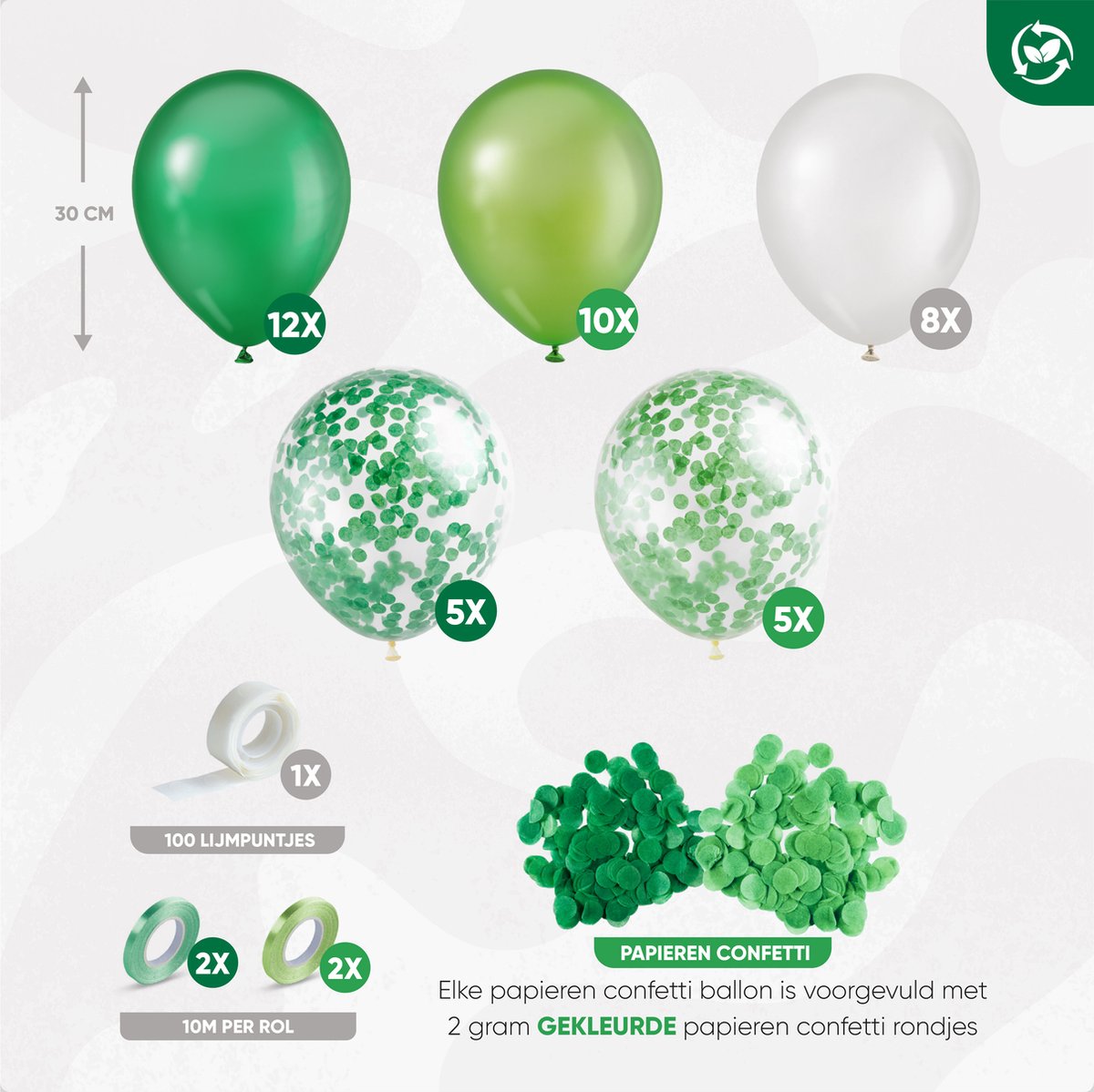 Fissaly 40 stuks Groen, Wit & Donkergroen Helium Ballonnen met Lint – Verjaardag Versiering Decoratie – Papieren Confetti – Latex — afbeelding 2