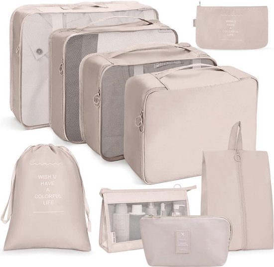 Ensemble organisateur de valise, 9 pièces, Cubes d'emballage, sacs à vêtements de voyage imperméables, sacs d'emballage pour valise, cubes d'emballage avec trousse de maquillage, sac numérique, câble USB (beige)