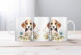 Beagle 6 | Honden Liefhebber | Honden Spreuk | Cadeau | Grappige mok | Koffiemok | Koffiebeker | Theemok | Theebeker | Aquarel bloemen hond mok