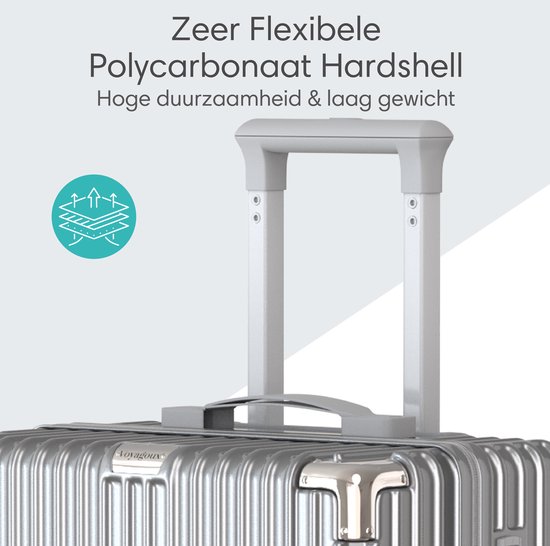 Detail van de zilveren koffer met een flexibele polycarbonaten hardshell en handvat.