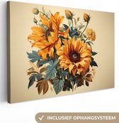 Canvas schilderij 180x120 cm - Wanddecoratie Vintage - Bloemen - Zonnebloemen - Beige - Natuur - Muurdecoratie woonkamer - Slaapkamer decoratie - Kamer accessoires - Schilderijen