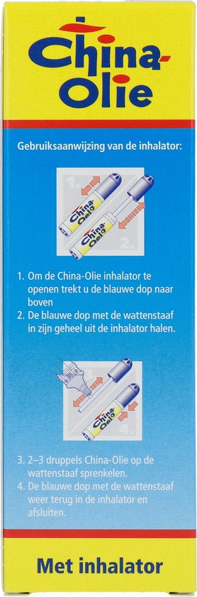 Gele verpakking China Olie met gebruiksaanwijzing voor de inhalator. Illustraties tonen stappen.