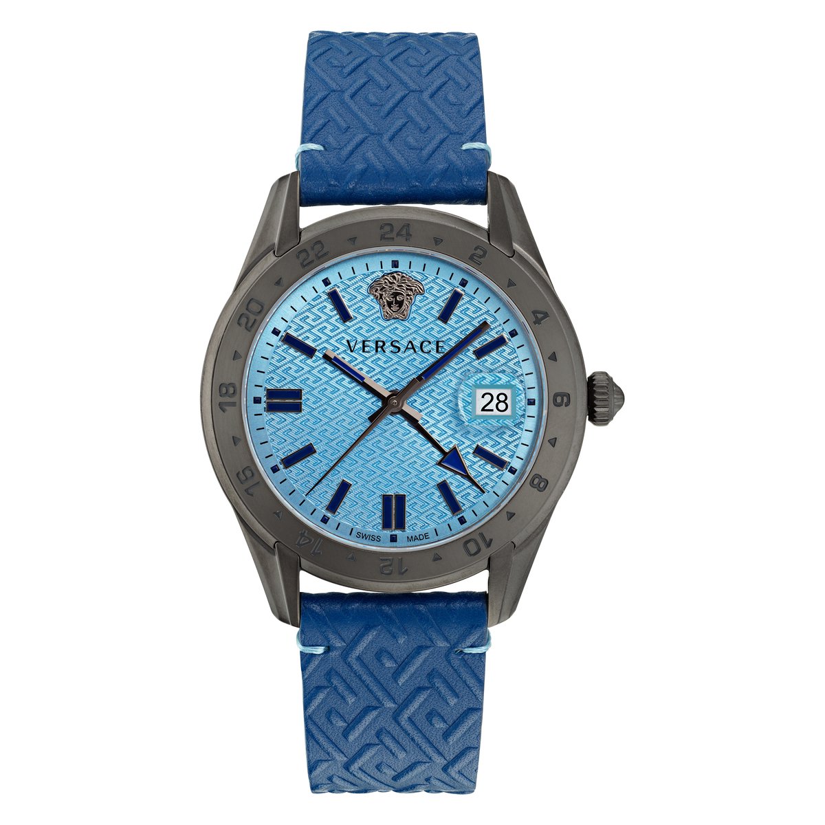 Versace Greca Time GMT VE7C00423 Horloge - Leer - Blauw - Ø 41 mm