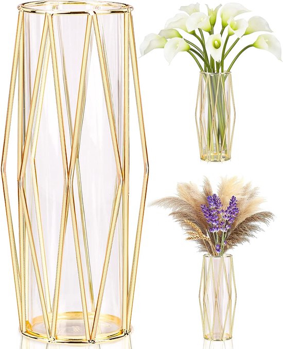 Gouden vazendecoratie voor pampasgras - Scandinavische vaas met metalen frame voor bruiloft middelpunt of bureau, 28 cm hoog